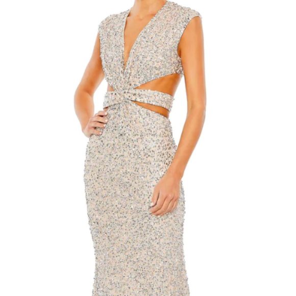 MAC DUGGAL 10109 SEQUIN CUTOUT PLUNGE NECK TRUMPET NUDE/SILVER GOWN sz 2 - Picture 7 of 8